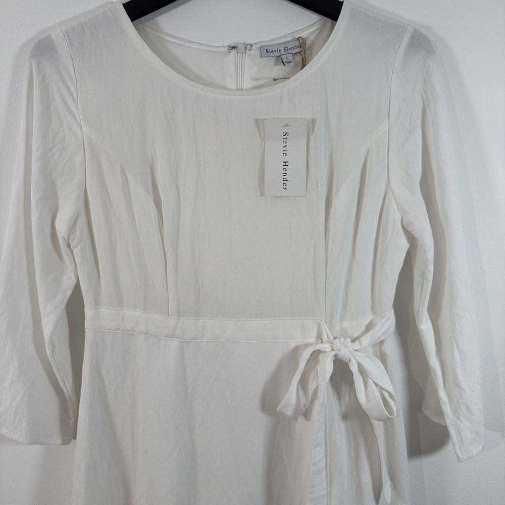 Stevie Hender White Wrap Midi Dress Large NWT Rayon Lined 3/4 Sleeve Tie Waist - Picture 10 of 11